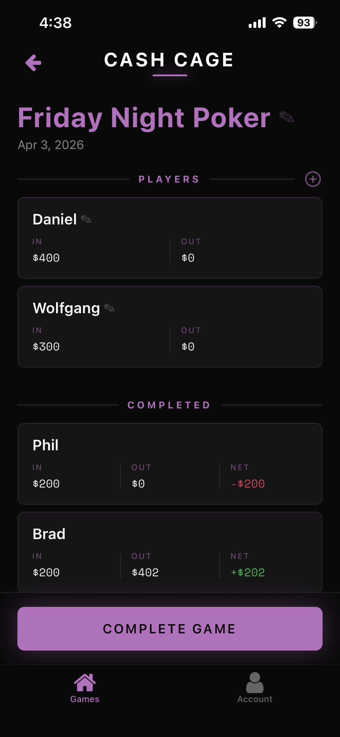 Cash Cage live game screen tracking each player's buy-ins and cash-outs