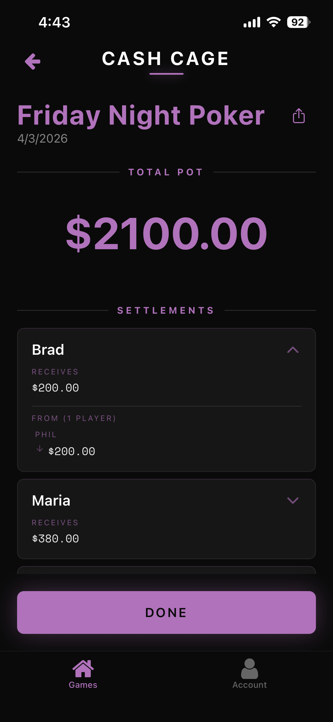 Cash Cage settlement screen showing who pays who with the fewest transactions