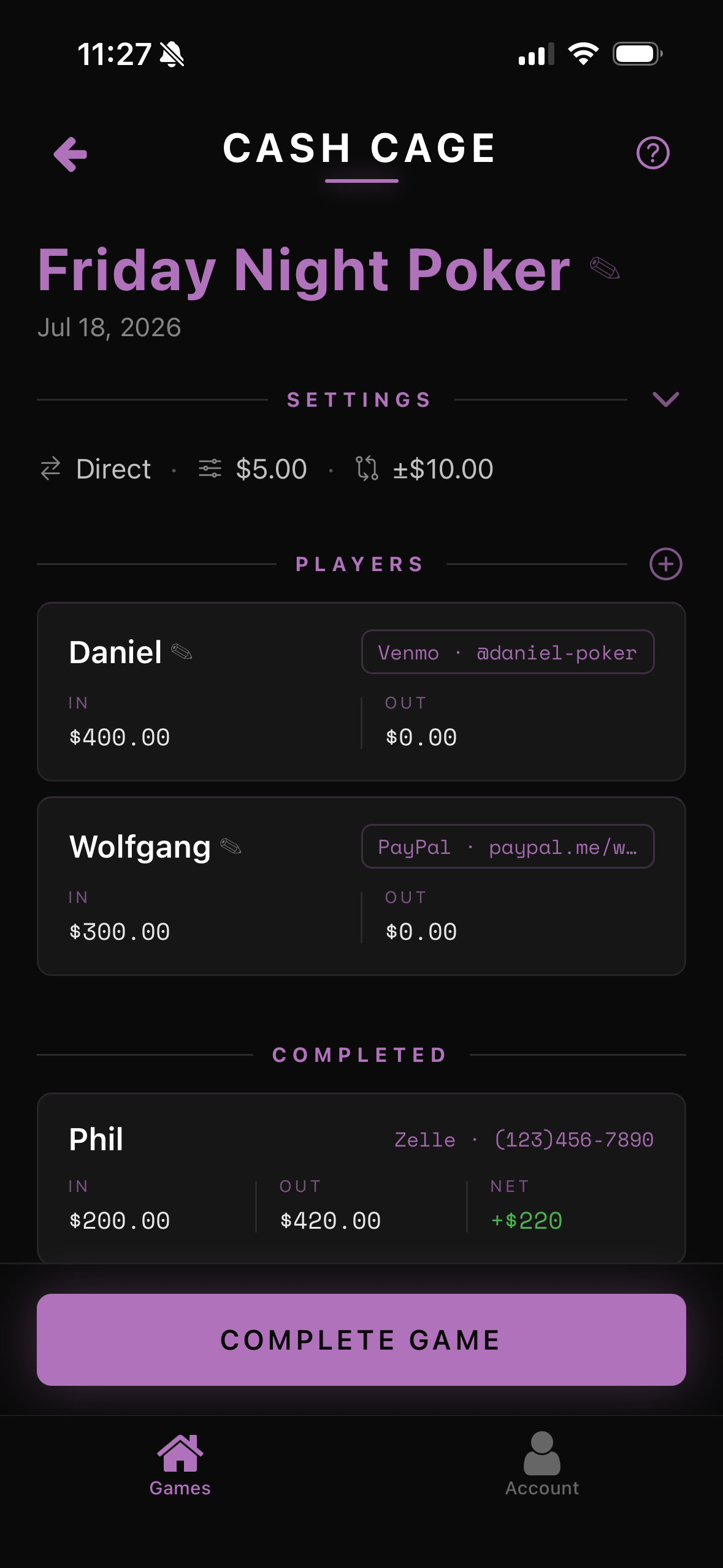 Cash Cage active game screen listing each player with their payment handle alongside buy-ins and cash-outs