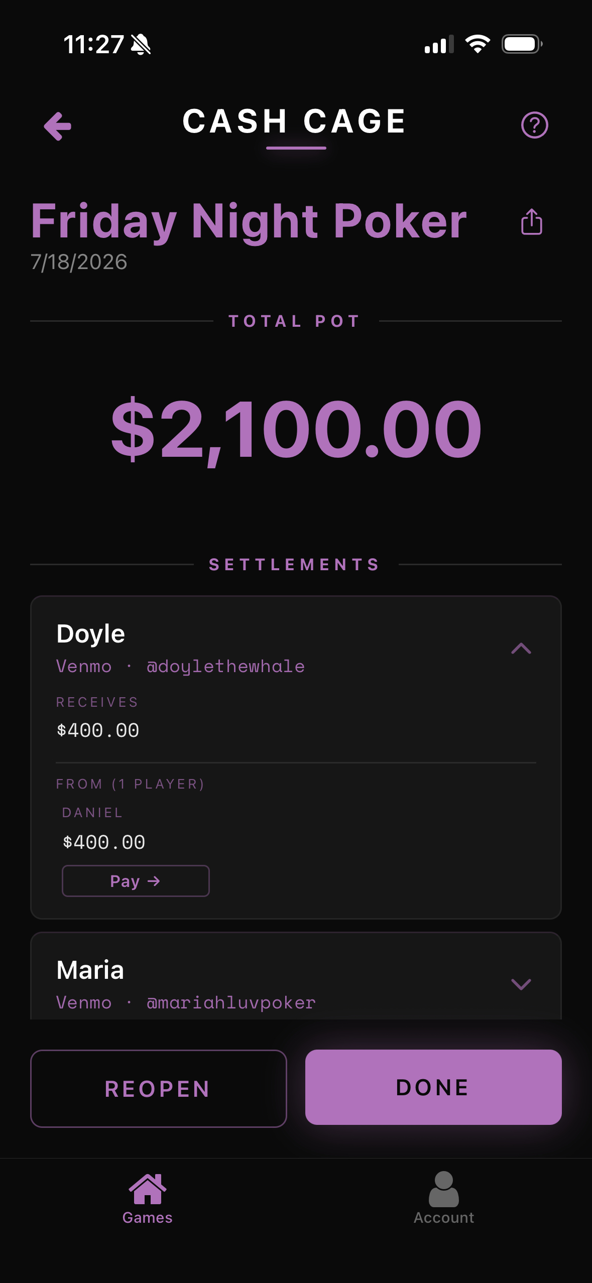 Cash Cage completed game summary showing the total pot and who pays who, with each player's payment handle